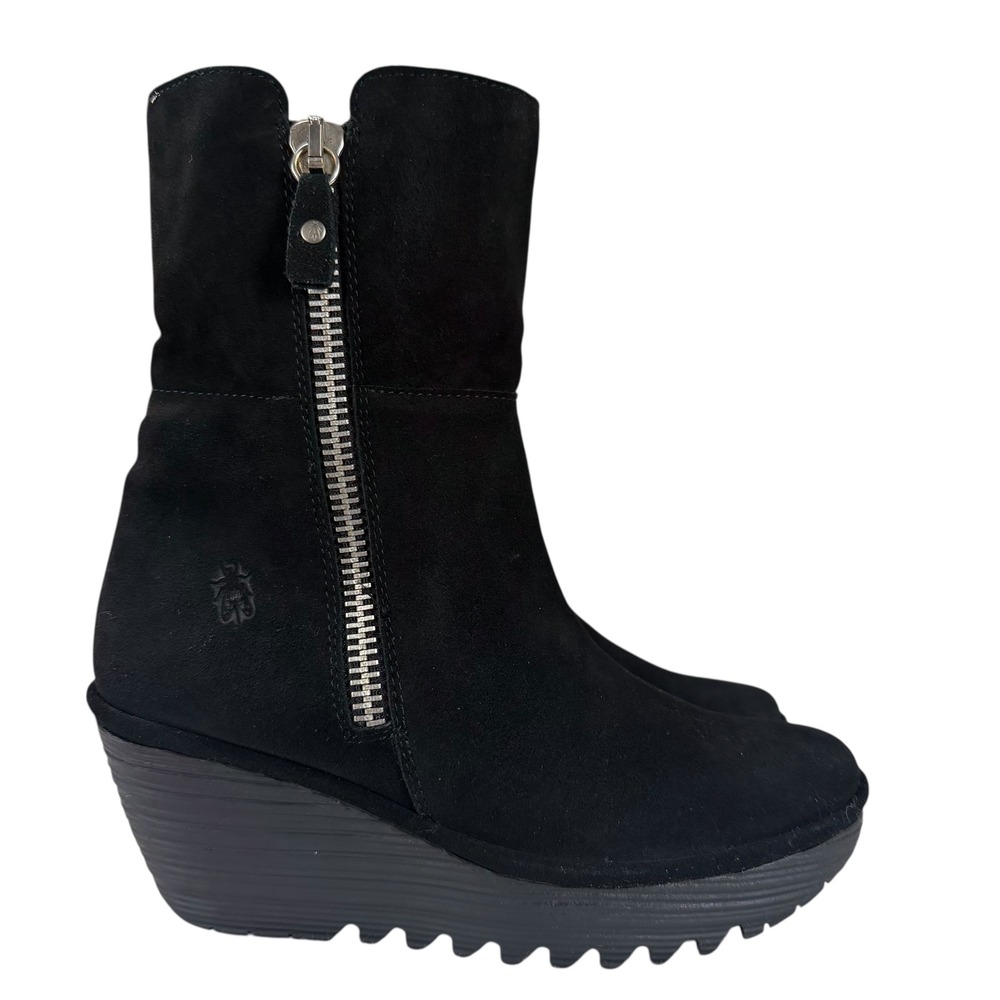 Fly London Black Suede Wedge Ankle Boots with Silver Zipper